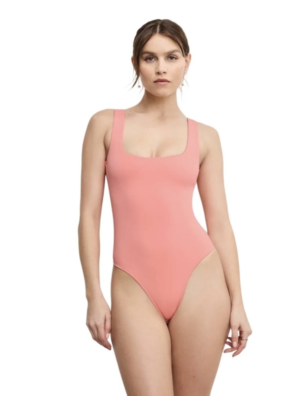#6139 Sunro Collection Square-Neck One-Piece Bodysuit in Coral Pink